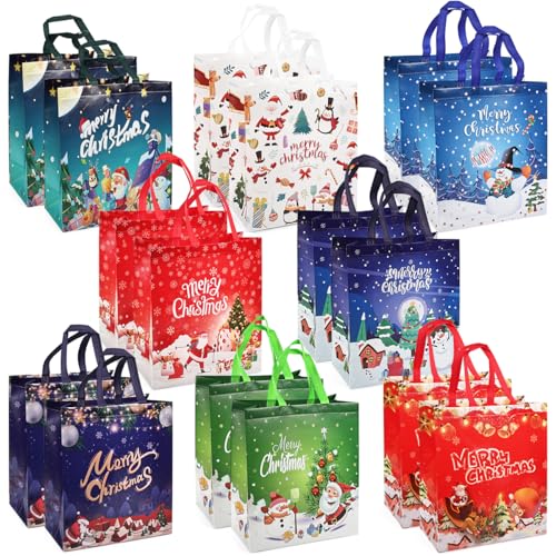 PARSUP 16PCS Christmas Gift Bags with Handles, Non-Woven Large Christmas Bags for Treat Gifts Wrapping Shopping, Xmas Party Supplies, 15×13.8×5.9inch