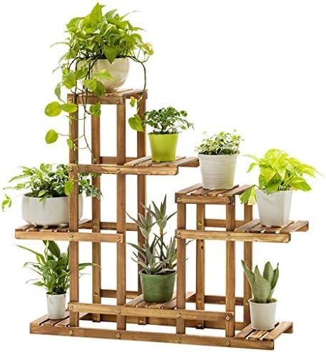 Quelife 4-Layer Wooden Flower Stands Rolling Flower Plant Display Shelf Storage Rack Ladder Stand 8 Pots Brown