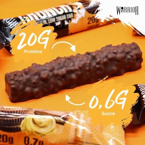 Barres hyperprotéinées Warrior Crunch 20 g - Barre à faible teneur en sucre et en glucides - paquet de 12 x 64 g - incroyablement savoureuse - garantie halal (Chocolat noir aux cacahuètes)