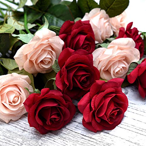 FiveSeasonStuff Fake Roses Wedding Flowers Real Touch Silk Enchanting Rose Mix Artificial Flowers (Dark Red, Champagne Pink) 12 Stems