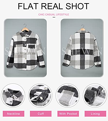 SHEWIN WOMENS CASUAL FLANNEL PLAID SHIRTS LONG SLEEVE LAPEL CASUAL BUTTON DOWN SHACKET JACKET FALL FALL OUTFITS WOMEN TRENDY,US 16-18(XL),GREY