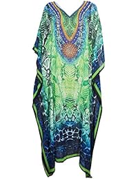Womens Caftan Maxi Dress Jewel Print V-Neck Beach Resort Wear One Size