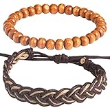 Wrap Bead Tribal Leather Woven Stretch Bracelet - 2 Pcs Boho Hemp Linen String Bracelet for Men Women Girls …