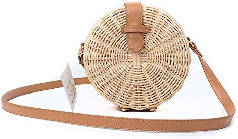 Handwoven Round Rattan Bag (Plain Weave Leather Closure), Straw Bag