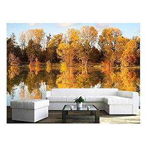 Autumn Forest Reflected in The Lake at Sunset - Removable Wall Mural | Self-Adhesive Large Wallpaper - 66x96 inches