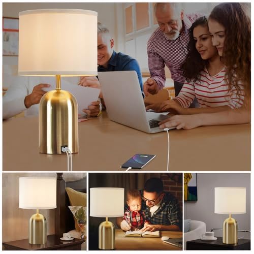 GYROVU BEDSIDE LAMP WITH USB PORT, TOUCH CONTROL TABLE LAMP FOR BEDROOM, DIMMABLE MODERN NIGHTSTAND LAMP WITH FABRIC SHADE GOLD BASE FOR LIVING ROOM, DORM, HOME OFFICE, LED BULB INCLUDED