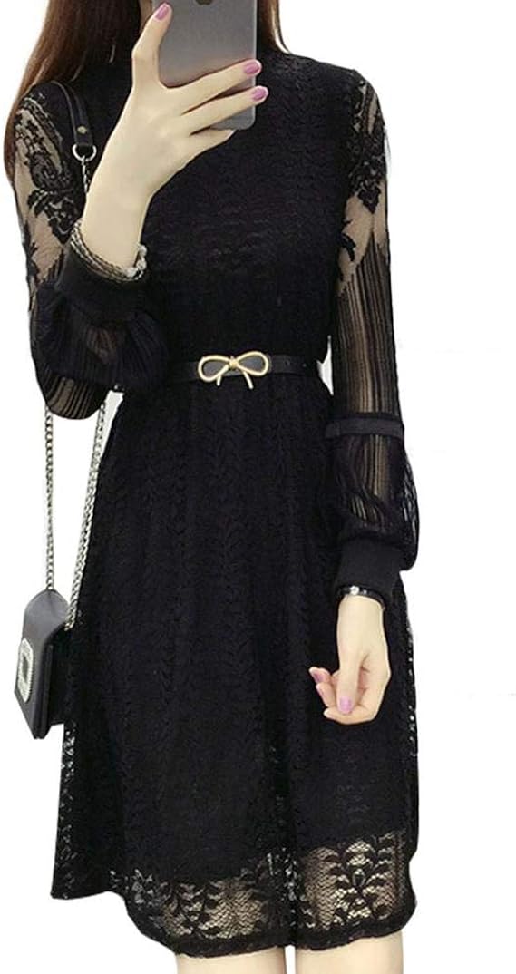 Amazon Co Jp レディース セクシー 大人 可愛い レース ドレス 長袖 パーティ お呼ばれ ワンピース シースルー ベルト付き ブラック S 服 ファッション小物