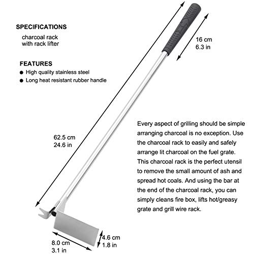 POLIGO Stainless Steel Charcoal Ash Rake with Rake Lifter - 24.6" BBQ Ash Tool Rake Poker with Rubber Handle for Big Green Egg, Kamado Joe, Charcoal Smoker, Wood Burning Stove