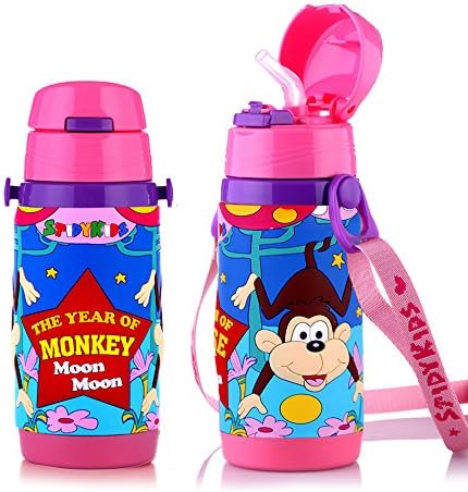Water Bottles BPA Free,Insulated Stainless Steel Water Bottle With Straw, Kids Water Bottle, 12-Ounce, Pink Monkey