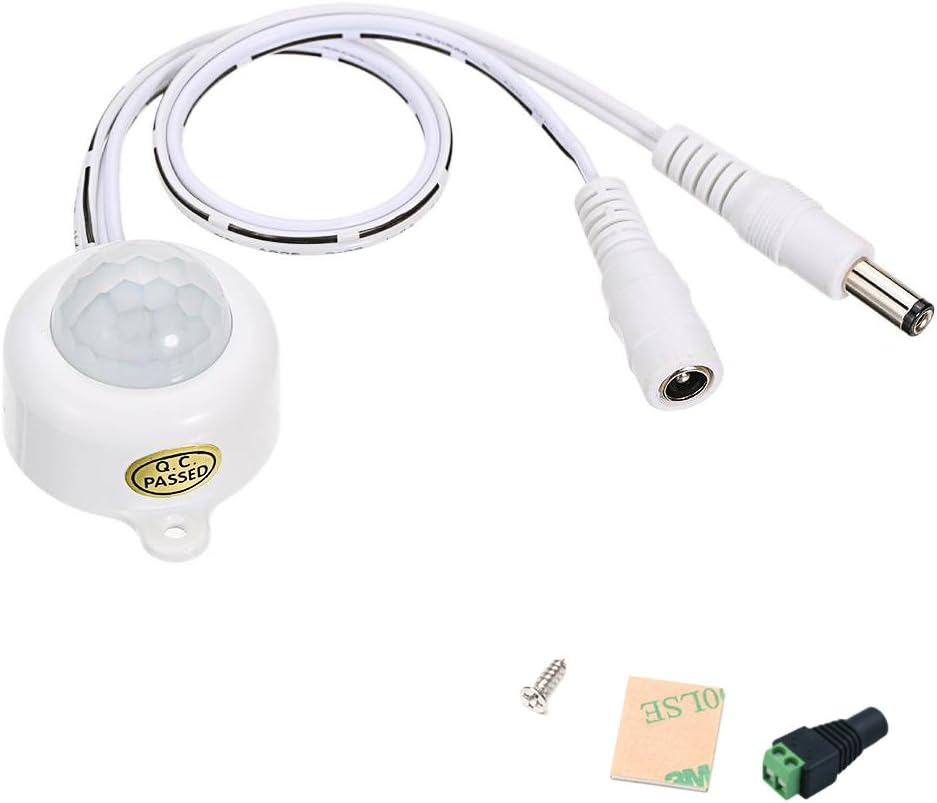 COOLWEST Motion Sensor Switch DC 5-24V 5A LED Strip Light Human Induction Detector with Time Adjustable DC power plug - White [Energy Class A]