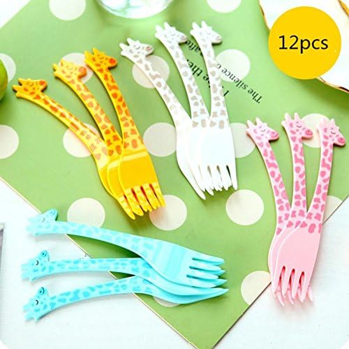 G4GIFT 12 Pieces 4 Colors Cartoon Giraffe Plastic Tableware Food Fruit Fork Picks Set Size: 110 * 20.6 * 5 mm for Children/Kids (Pack of 1) Multi-Color