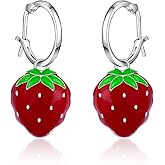 Strawberry Earrings Red for Women 925 Sterling Silver Simulated Fruit 3D Dangle Drop Cute Earrings Aesthetic Weird Hypoallergenic for Women Ears