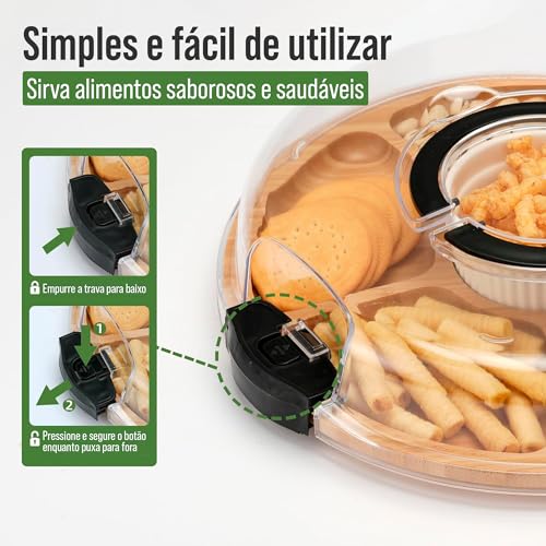 Petisqueira Redonda com Tampa e Travas 30 cm, Bandeja com 5 Divisórias de Acrílico, Porta Petiscos, Organizador para Frios, Snacks e Aperitivos, Cores Branco e Preto (Preto, Redondo)