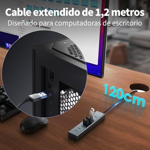 7 Puertos Hub USB 3.0 con 120cm Cable para PC Computadora, Aluminio USB Hub Adaptador multipuerto con USB 3.0 5Gbps, 4 USB-A & 3 USB-C Puertos, para PC, Laptop, MacBook, Mouse, Teclado, U-Disk etc.