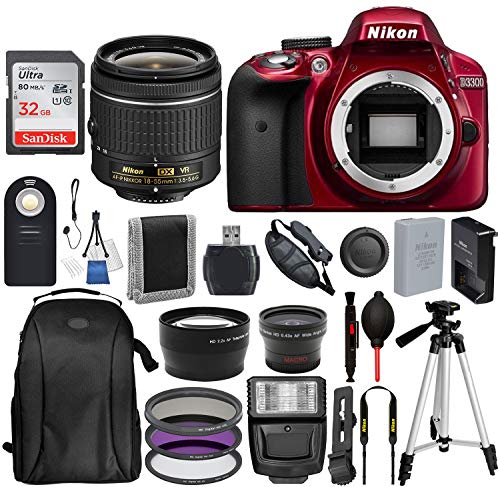 Nikon D3300 DSLR Camera with 18-55mm Lens (Red) and 17PC Accessory Bundle – Includes SanDisk Ultra 32GB SDHC Memory Card + Digital Slave Flash + 3PC Filter Kit + 50” Tripod + Backpack + More