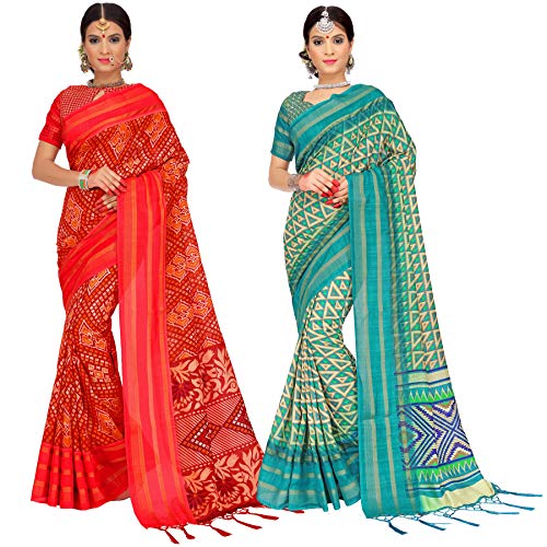 ELINA FASHION Pack of Two Sarees for Indian Women Cotton Silk Printed Weaving Border Saree | Diwali Gift Sari