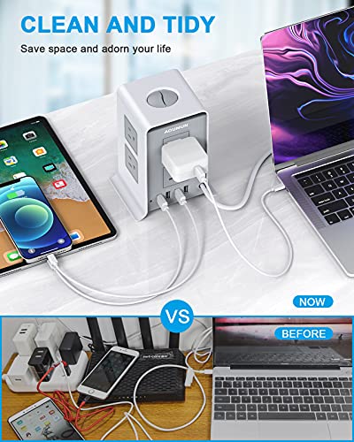 Surge Protector Power Strip Tower, 10FT/3M Extension Cord, Power Strip Surge Protector with 8 AC Outlets & 4 USB Ports, 1600W Overload Protection, Short Circuit Protection. (Grey Version)