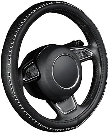 AUTOYOUTH PU Leather Steering Wheel Cover Black Color with White Durable Sewing Thread Anti-Slip Inner M Size Fits 38CM/15" Diameter
