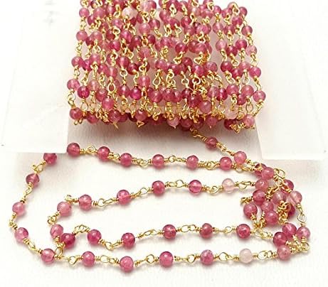Pink Tourmaline smooth round beads, silver, gold plated,rosary style, Wire Wrapped Chain,Chain Per Foot 3 -- 3.5 mm