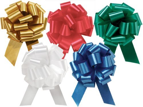 10 Large 5.5 Inch WidePull Bow Holiday Assortment Wrap Bow 2 Ea: White Red Gold Emerald Green Royal Blue - 20 Loops