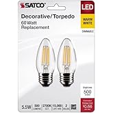 Satco S21837 5.5 Watt B11 LED Bulb, Clear, Medium Base, 2700K, 500 Lumens, 120 Volt, 2- Pack