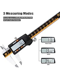 GlowGeek CD 6 150 Calibrador electrónico digital de calidad de pulgadas métricos fracciones conversión de 0   6 pulgadas 5.906 in cuerpo de acero inoxidable naranja negro pantalla LCD extra grande apagado automático con herramienta de medición