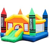 Costzon Inflatable Bounce House, Castle Jumper Slide Mesh Walls, Kids Party Jump Bouncer House w/Net, Carry Bag Without Blower (Crayon Theme)