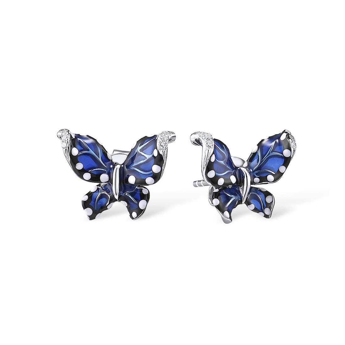 Namana Blue Butterfly Earrings for Women. 925 Sterling Silver Stud Earrings for Women with White Cubic Zirconia Gemstones and Blue Enamel Details. Blue Butterfly Stud Earrings for Women with Gift Box