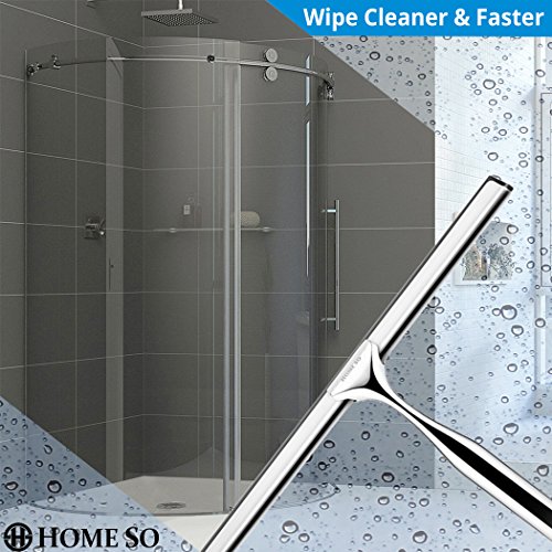 HOME SO Shower Squeegee with Two 3M Adhesive Holder Hooks - Deluxe Stainless Steel Wiper Scraper for Bathroom Shower Glass Door, Mirror, Windows, Tiles - Chrome - Thumbnail 3