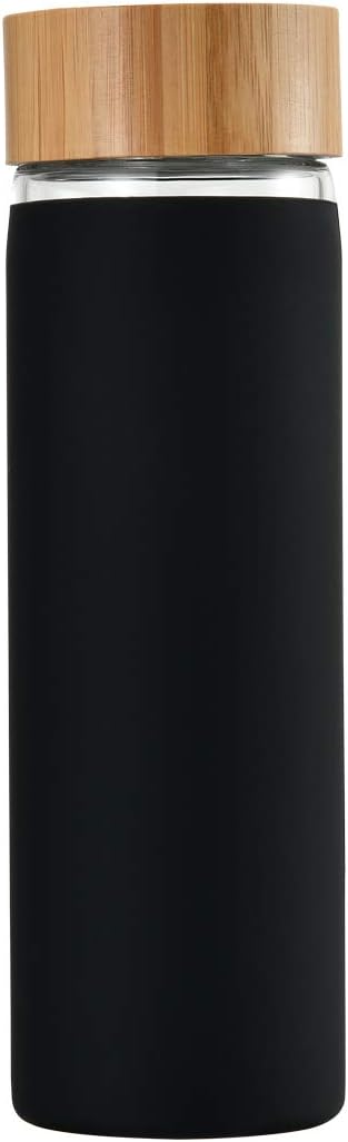 YIXUN BPA-Free Borosilicate Glass Water Bottle with Protective Silicone Sleeve and Bamboo Lid - Dishwasher Safe 20oz (Black)