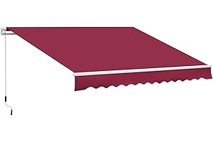 Outsunny 12' x 8' Retractable Awning Patio Awnings Sun Shade Shelter with Manual Crank Handle, 280g/m² UV & Water-Resistant Fabric and Aluminum Frame for Deck, Balcony, Yard, Red