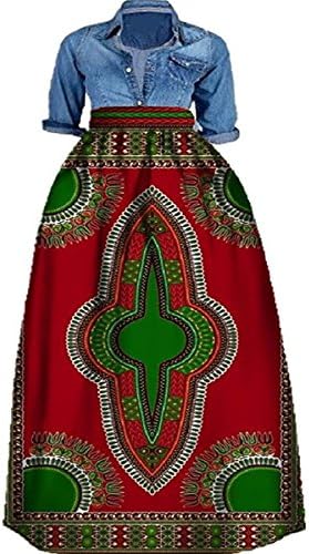 Shele Women's African Print Dashiki Long Maxi A Line High Waist Skirt Ball Gown(M-5XL)