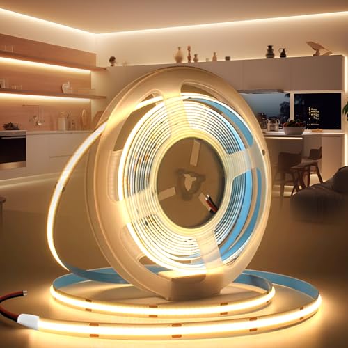 BRIMETI COB LED Strip 24 V 10 m LED Light Inner Tube Self-Adhesive 3000 K Warm White 320LEDs/M Strips Tape Width 8 mm for Kitchen, Living Room, Bar Parties (No Power Supply)