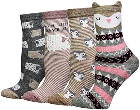 Wish Island Women's 4 Packs Cotton Crew Socks (Sheep Owl)
