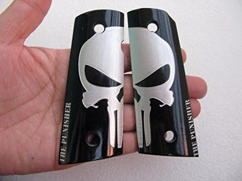 NEW BIG SILVER SKULL PUNISHER ON BLACK POLYMER RESIN GRIPS OF 1911 FULL SIZE CLONE OR COMPACT SIZE, SPRINGFIELD, KIMBER, SHIP FROM THAILAND (Compact size)