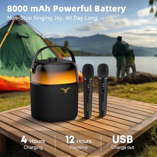 Karaoke Machine with 2 Wireless Microphones, 60W Portable Bluetooth Speaker with 360° Lights, Loud Bass, 12H Battery, Supports Bluetooth/USB/Aux/TV Connection, Ideal for Home Party&Outdoor Use