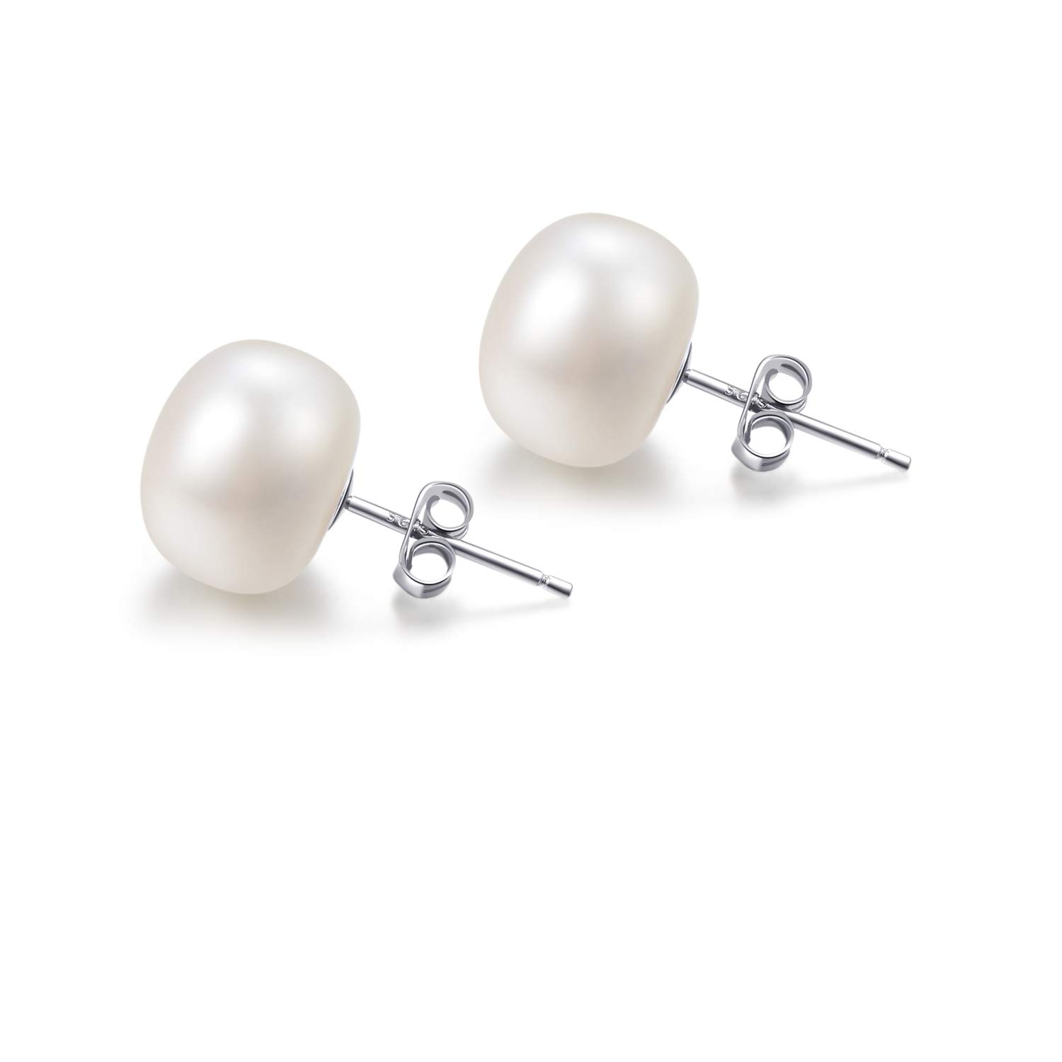 Real 10MM White Pearl Earrings 925 Sterling Silver Flat Button Freshwater Cultured Pearl Stud Earrings
