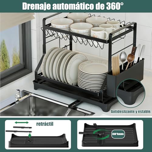 2 Niveles Escurridor de Platos Profesional,Escurridor de Trastes Acero Inoxidable con Bandeja de Canaleta en 360°,con Sistema de Drenaje Automático,Soporte para Vajilla,Vasos,Cubiertos y Utensilios