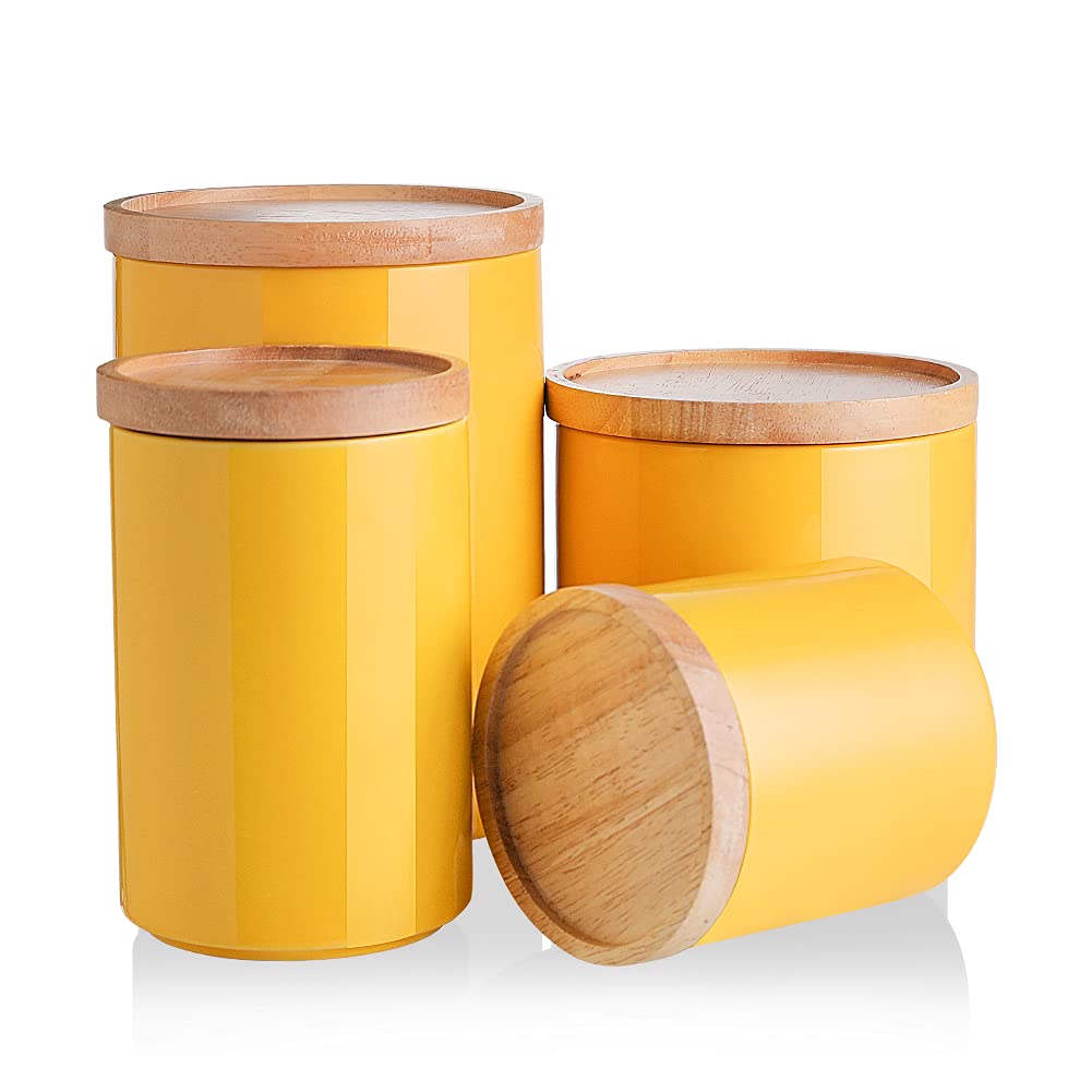 Photo 1 of Sweejar Kitchen Canisters Ceramic Food Storage Jar Set, Stackable Containers with Airtight Seal Wooden Lid for Serving Ground Coffee, Tea, Herbs, Grains, Sugar, Salt - Set of 4(Yellow)
