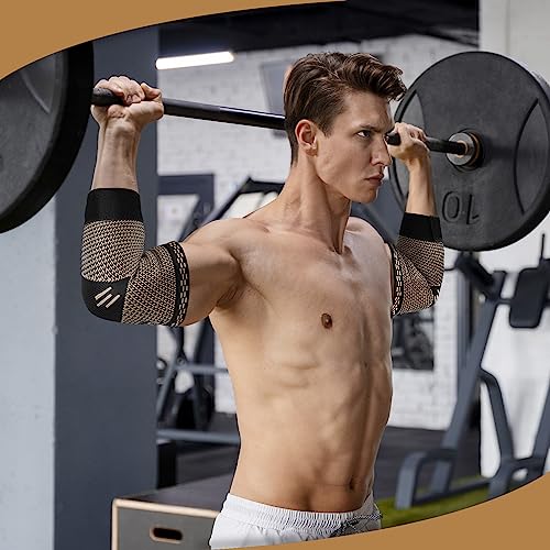 Copper Elbow Sleeve,Elbow Compression Sleeve, Elbow Brace For Tendonitis and Tennis Elbow,Golfers, Arthritis, Bursitis. Elbow Pain Relief,Weightlifting, Fit for Men & Women (Medium, Strap Style)