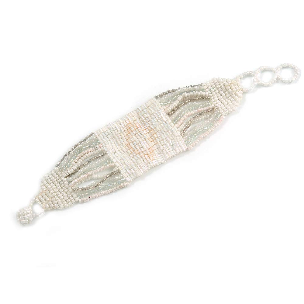 Avalaya Handmade Snow White/Transparent Glass Bead Bracelet with Loop and Button Closure - 16cm L/ 4cm Ext