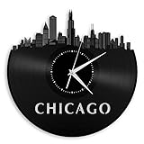 VinylShopUS - Chicago Illinois Skyline Vinyl Wall Clock Vintage Repurposed Record Black