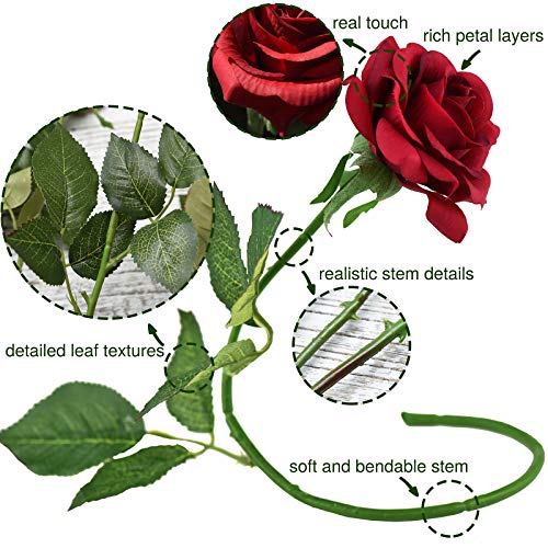 FiveSeasonStuff Fake Roses Wedding Flowers Real Touch Silk Enchanting Rose Mix Artificial Flowers (Dark Red, Champagne Pink) 12 Stems