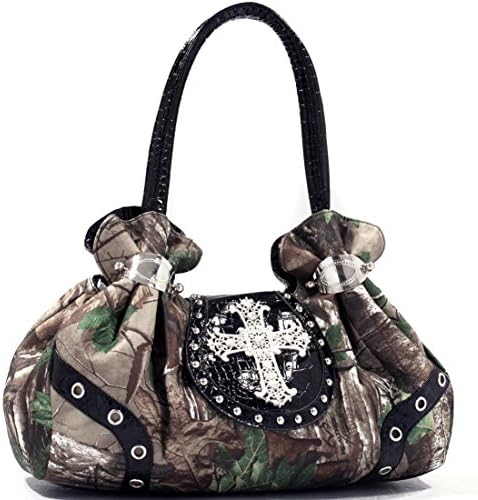 Dasein? Studded Satchel Bag in Realtree? XG Camo with Rhinestone Cross-Faux Croc Black Trim