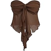 WDIRARA Women's Twist Tie Front Mesh Tube Top Strapless Asymmetrical Bandeau Tops