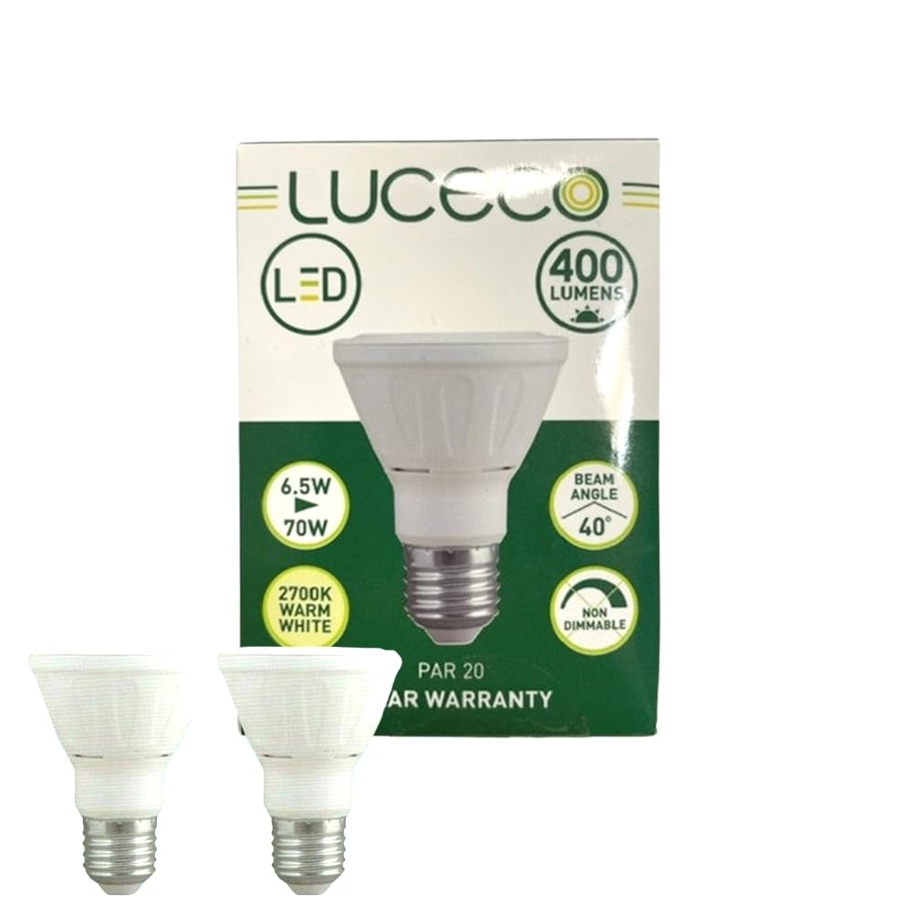 Luceco 2 x 6.5W (70W) PAR20 Non-Dimmable E27 Screw Cap LED Light Bulb, 400 lumens, 2700k Warm White - [Energy Class A+]
