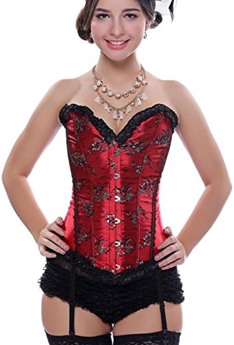 Zanuce Women's Overbust Corset Top Burlesque Sexy Lingerie with Garter,Red,Small