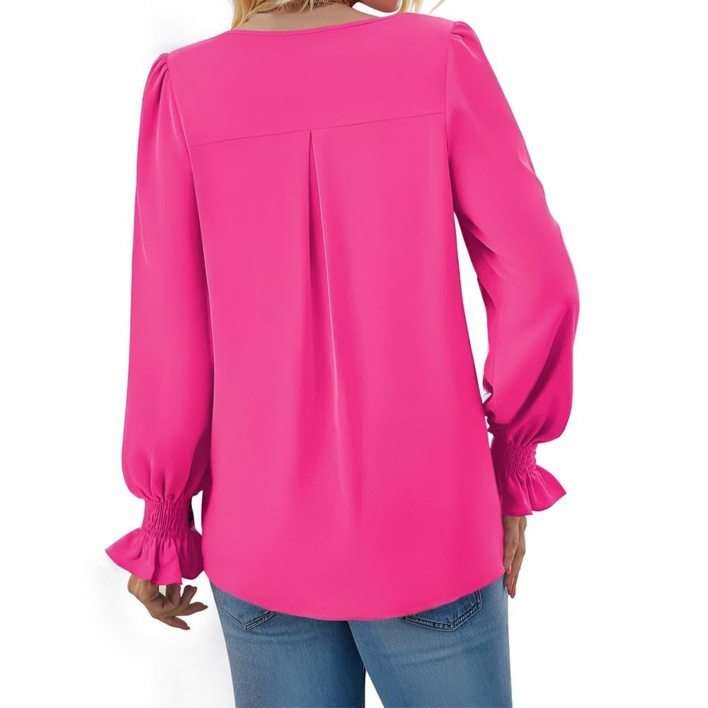 Am Direct Women's Long Sleeve Tops Dressy Casual V Neck Tunic Shirts Loose Chiffon Work Blouse Red