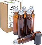 6 Amber Essential Oil Roller Bottles - Metal Rollers - FREE Recipe eBook for Roll-ons! - Useful for Aromatherapy - Mix with Fractionated Coconut, Jojoba, Almond and Carrier Oils - Solid Amber Glass
