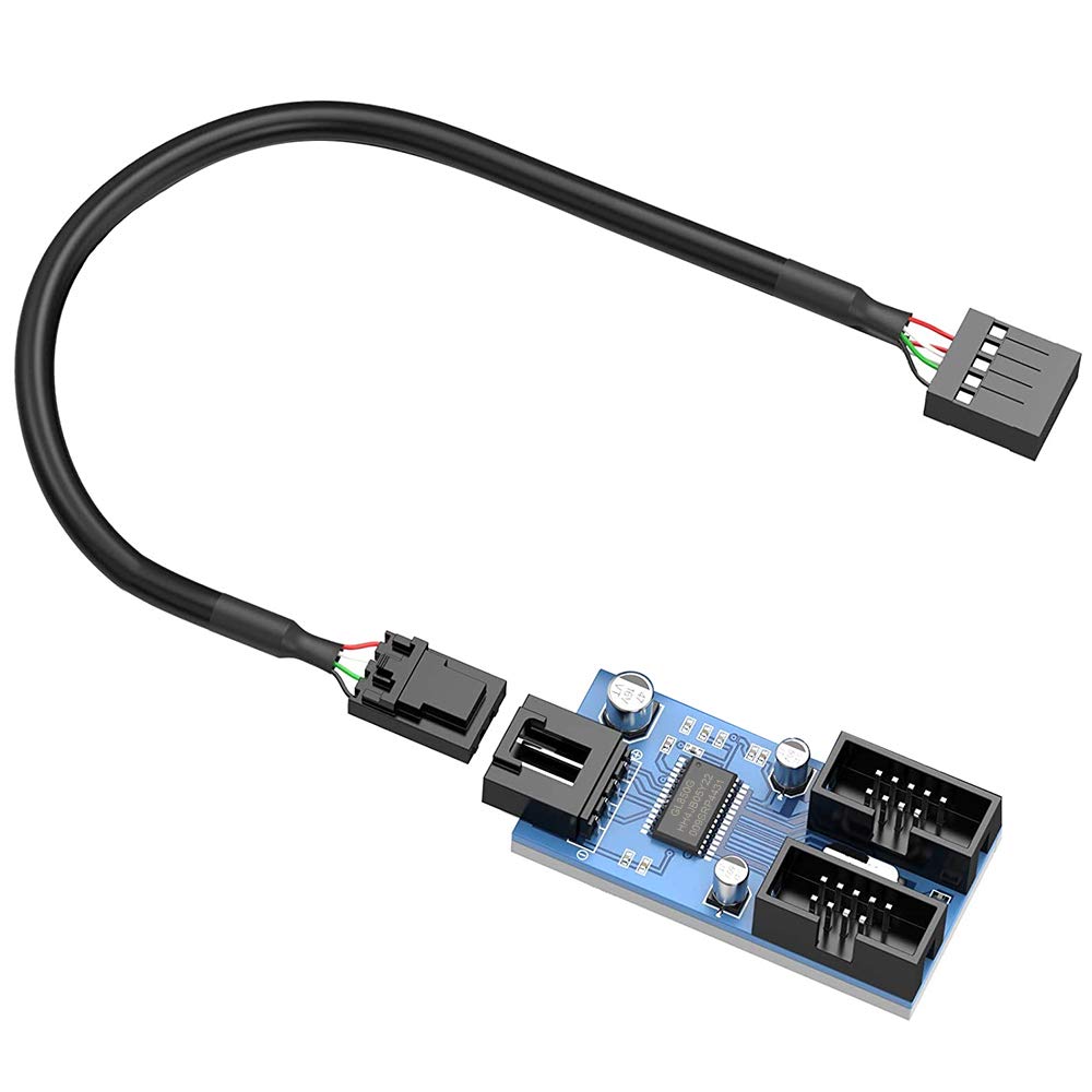 Rocketek Motherboard USB 2.0 9-Pin Header to 2-Port Hub Splitter - 30CM Cable USB 9-Pin Internal Cable Adapter
